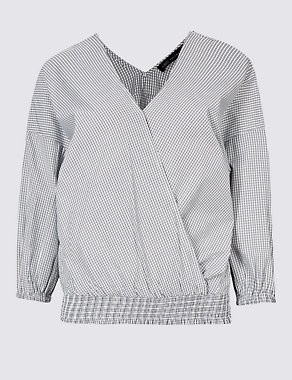 Checked V-Neck 3/4 Sleeve Blouse Image 2 of 4