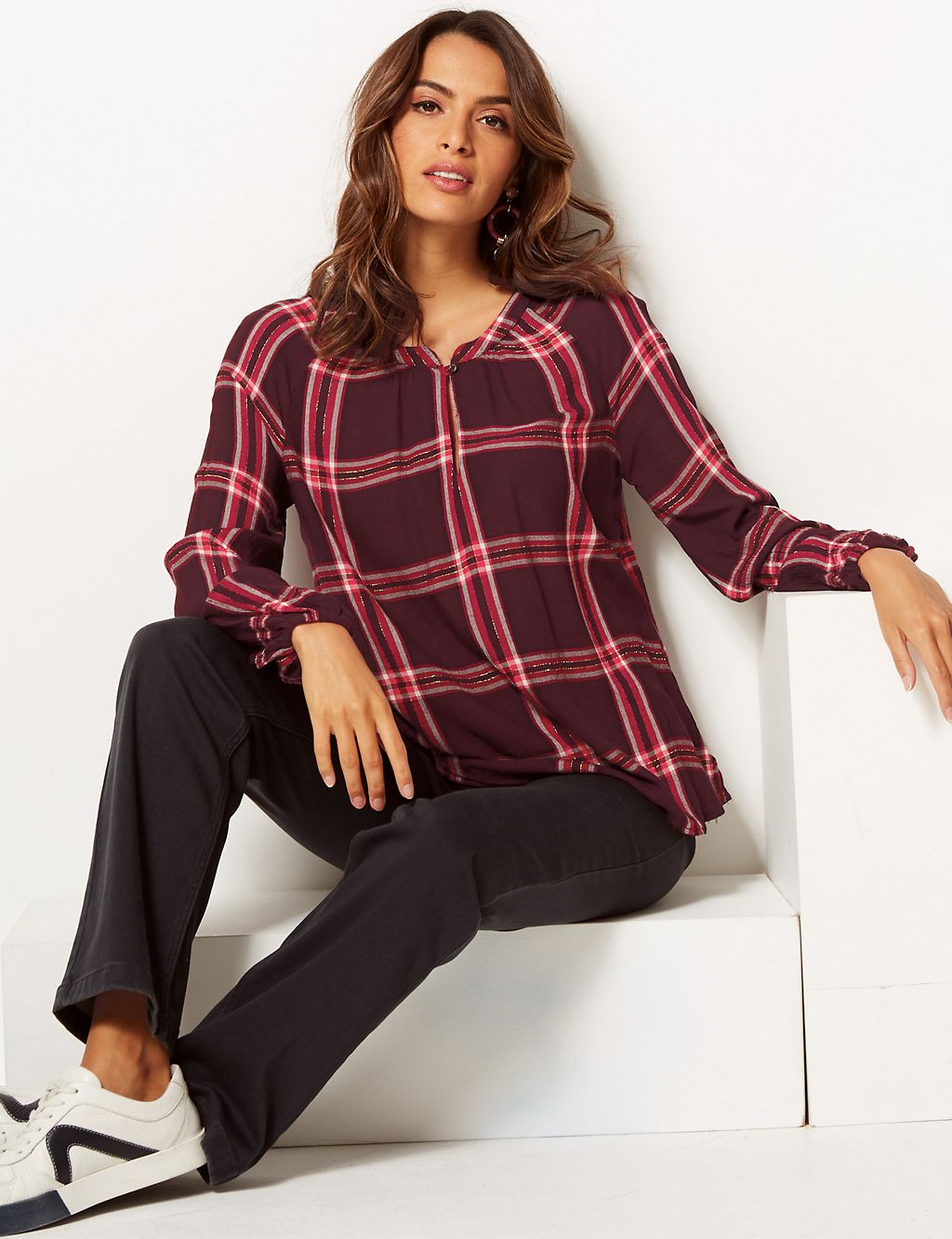Checked V-Neck Long Sleeve Blouse 3 of 4
