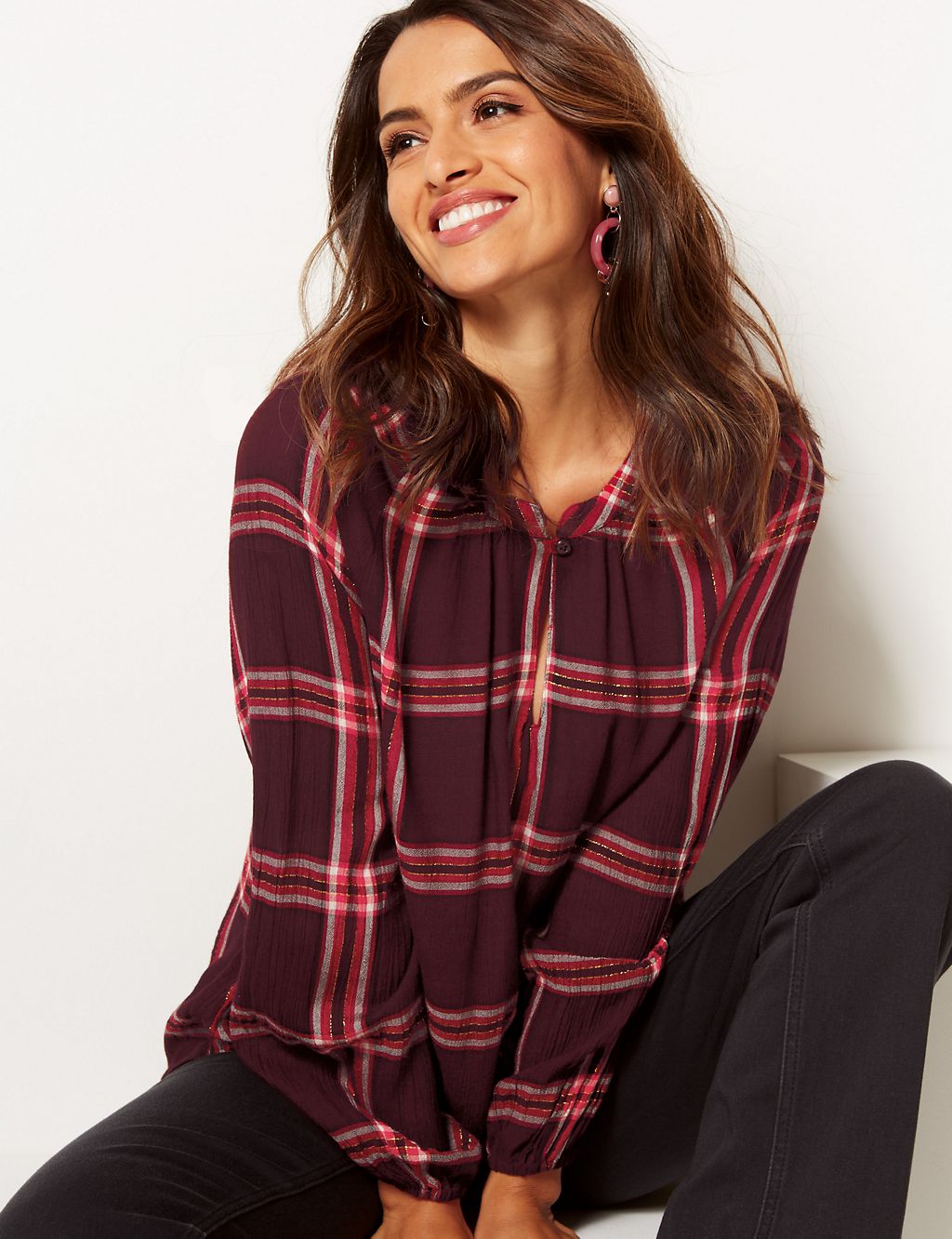Checked V-Neck Long Sleeve Blouse 2 of 4