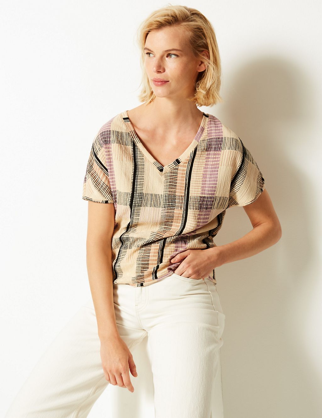 Checked V-Neck Short Sleeve Top 3 of 4