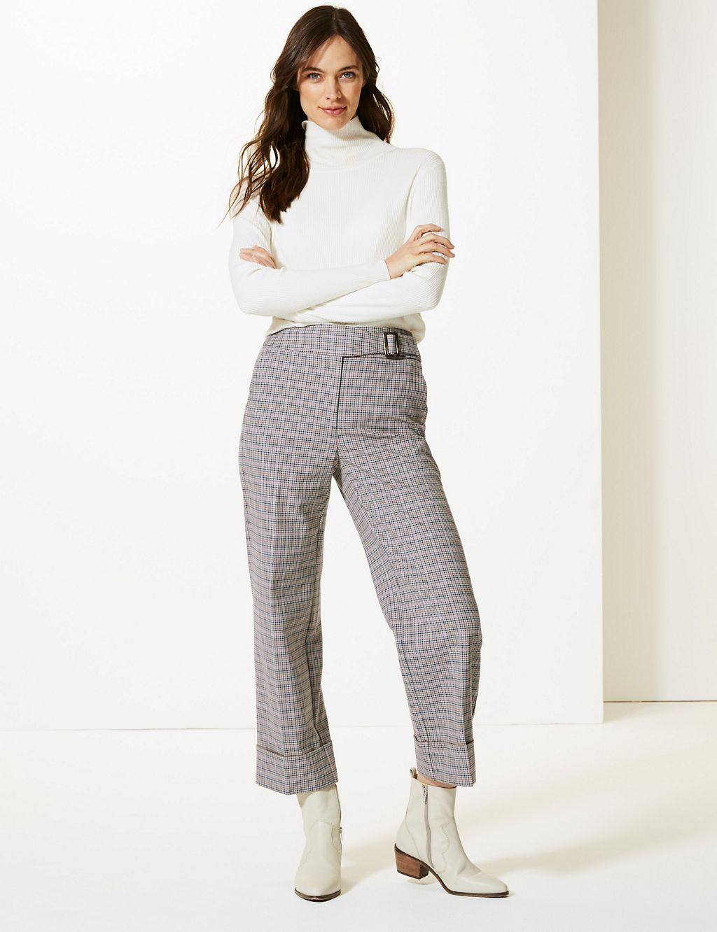 Checked Wide Leg Ankle Grazer Trousers 3 of 5
