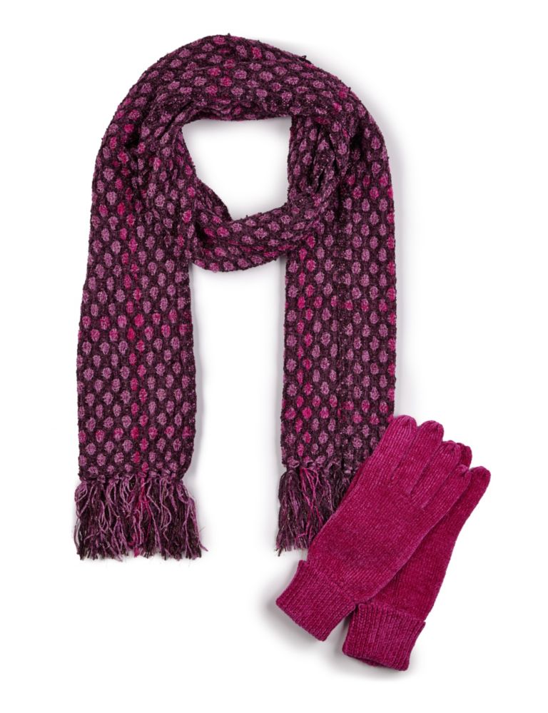 Chenille Checked Scarf & Gloves Set 1 of 3