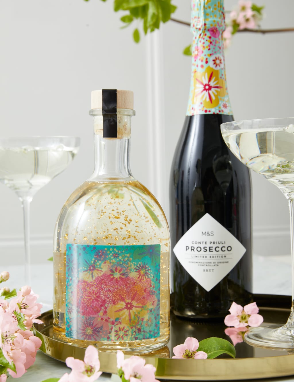 Cherry Blossom Glitter Gin Globe & Prosecco Gift M&S