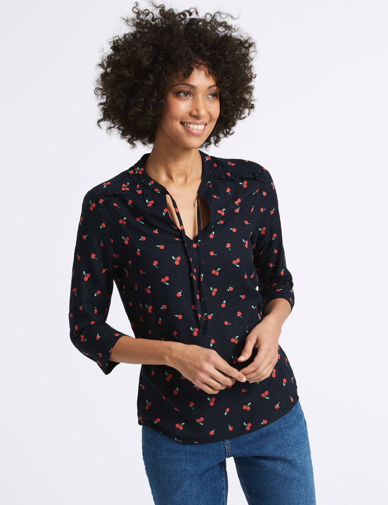 Cherry Print Notch Neck ¾ Sleeve Blouse 1 of 4