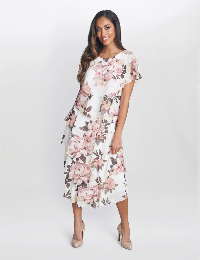 White Floral Print Frill Detail Midi Dress