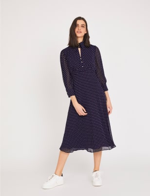 navy polka dot chiffon dress