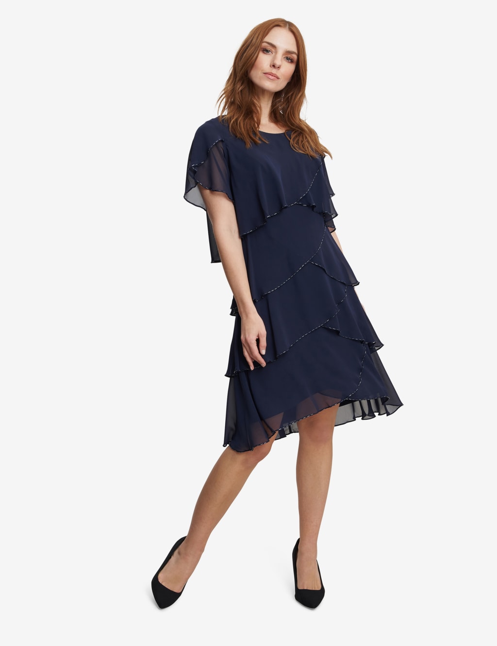 Beaded Scoop A-Line Ruffle Knee-Length Dress Orchid