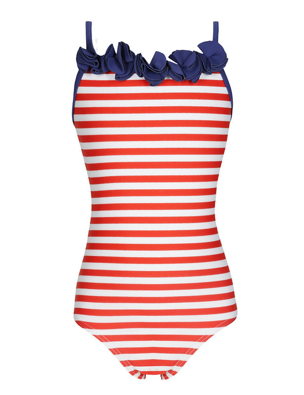 Chlorine Resistant Frilled Neckline Striped Swimsuit (1-7 Years) Image 1 of 2