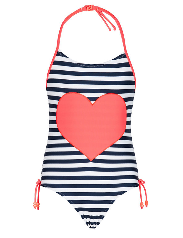 Chlorine Resistant Lycra® Xtra Life™ Halterneck Heart Appliqué Striped Swimsuit (5-14 Years) Image 1 of 2