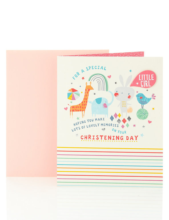 Christening Card for a Little Girl with Rainbow & Drawn Animals Design Image 1 of 2
