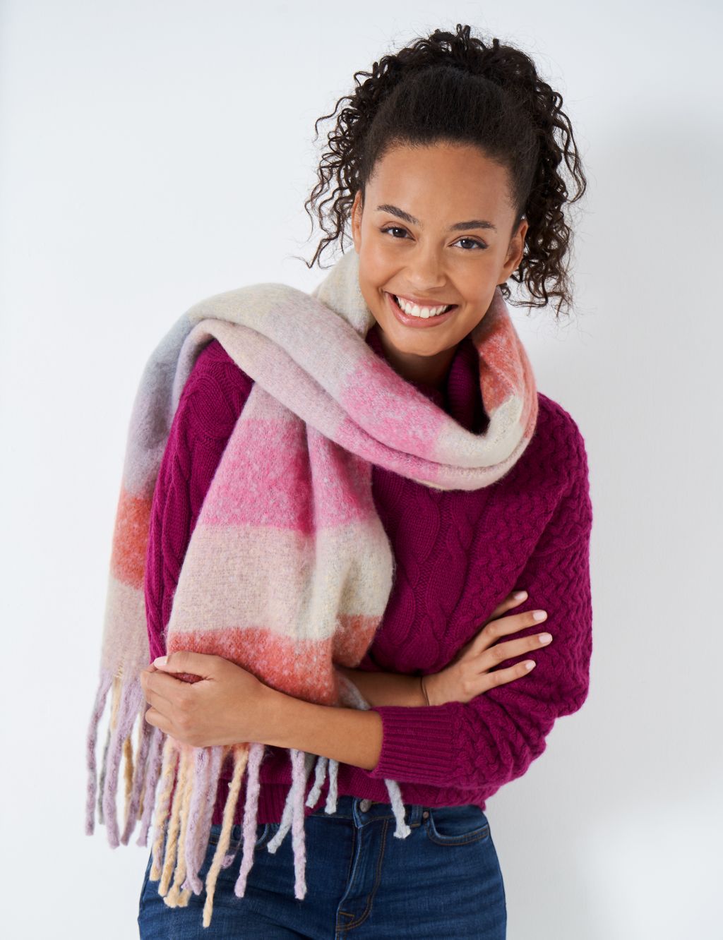 Chunky Knitted Checked Fringed Scarf | Crew Clothing | M&S
