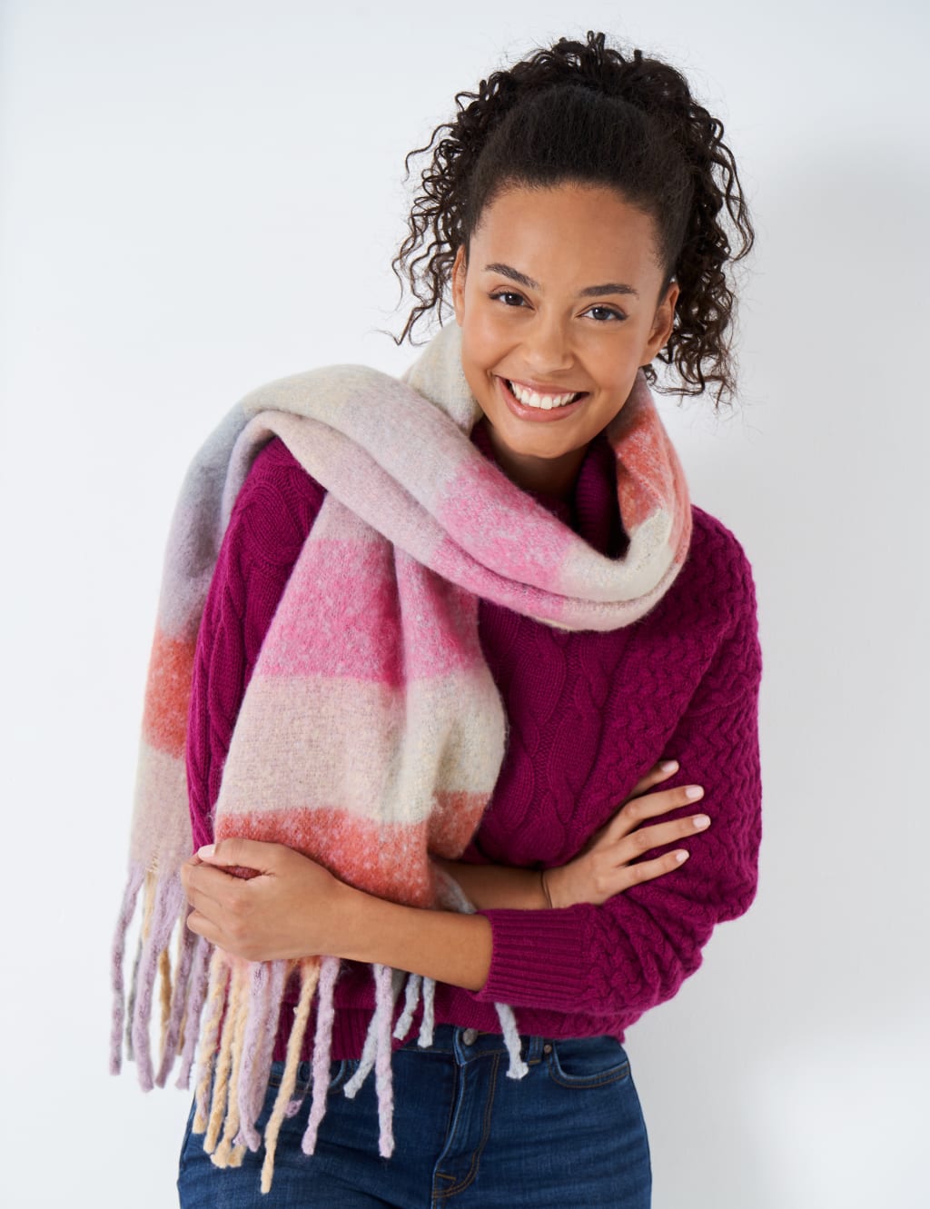 Chunky Knitted Checked Fringed Scarf | Crew Clothing | M&S