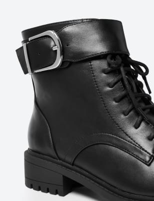 mixed check block heel cleated biker boot