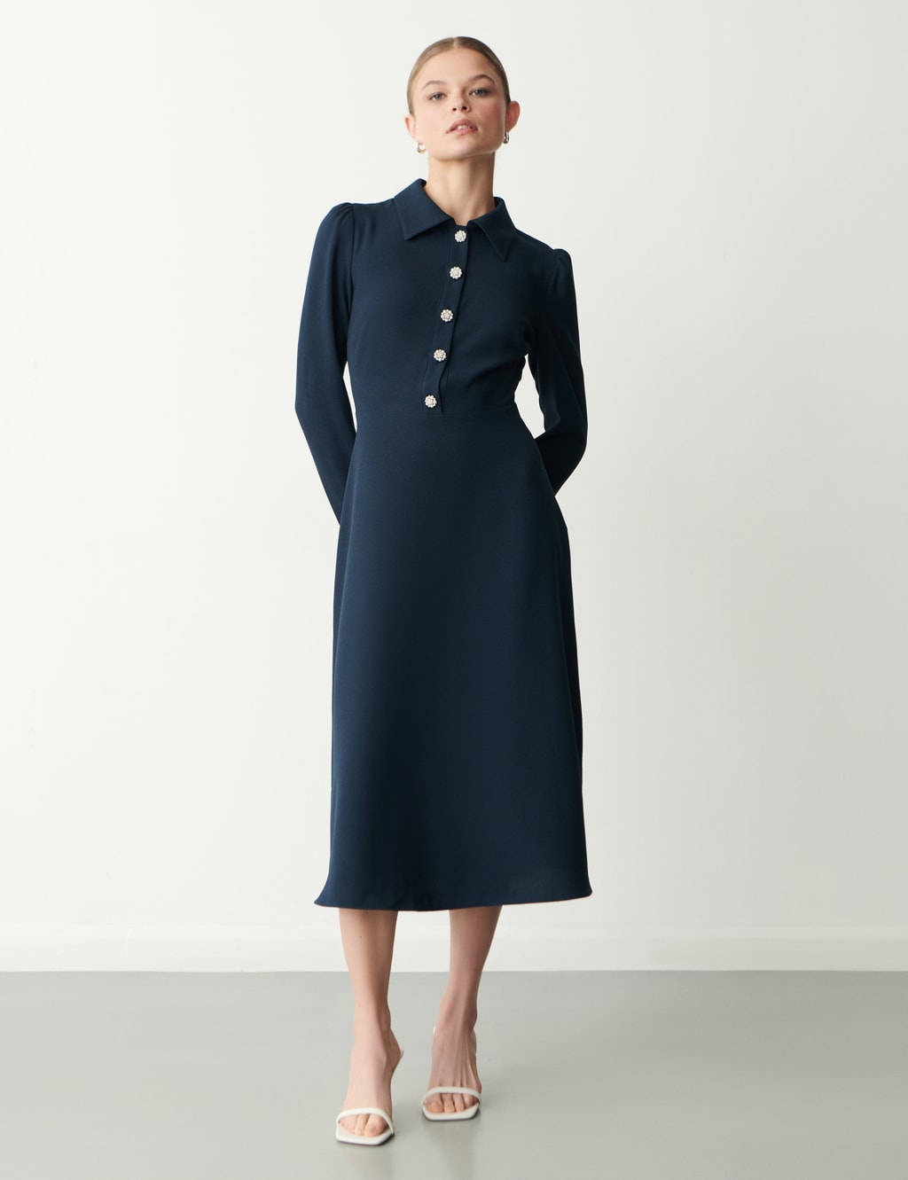 Collared Button Detail Midi Waisted Dress Finery London M S