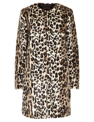 Collarless Animal Print Faux Fur Overcoat Image 2 of 4
