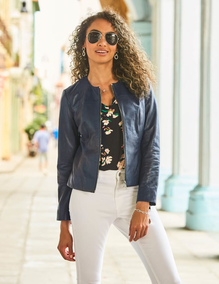 Blue Sequined Collarless Zip Blazer