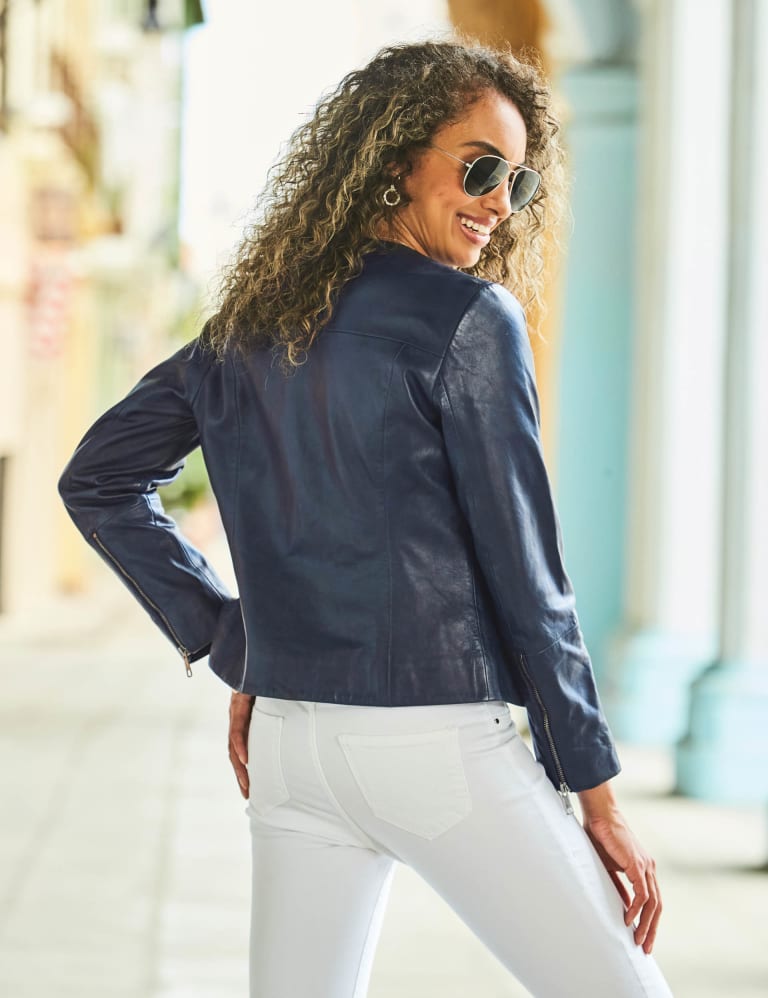 Navy collarless outlet leather jacket