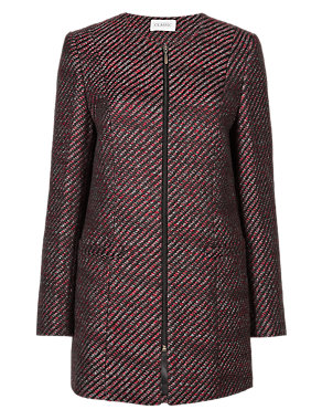 Collarless Textured Coat with Wool Image 2 of 4