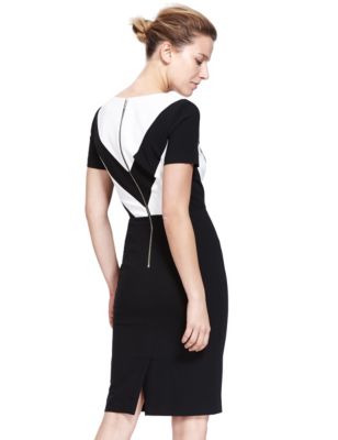 M&S Collection Black & White Chevron Block Dress Sz UK 14 regular & 12 long 