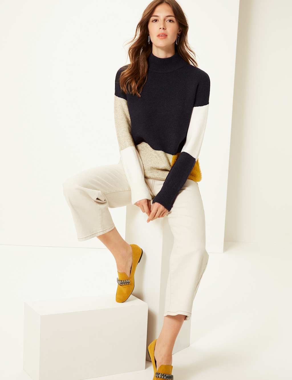 Colour Block Funnel Neck Longline Jumper M&S Collection M&S
