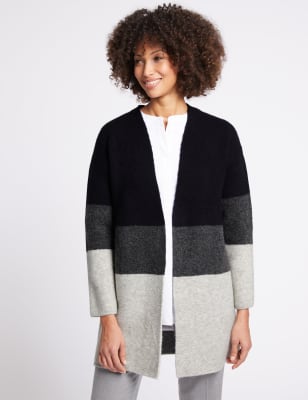 Collarless hooded color block hotsell longline cardigan