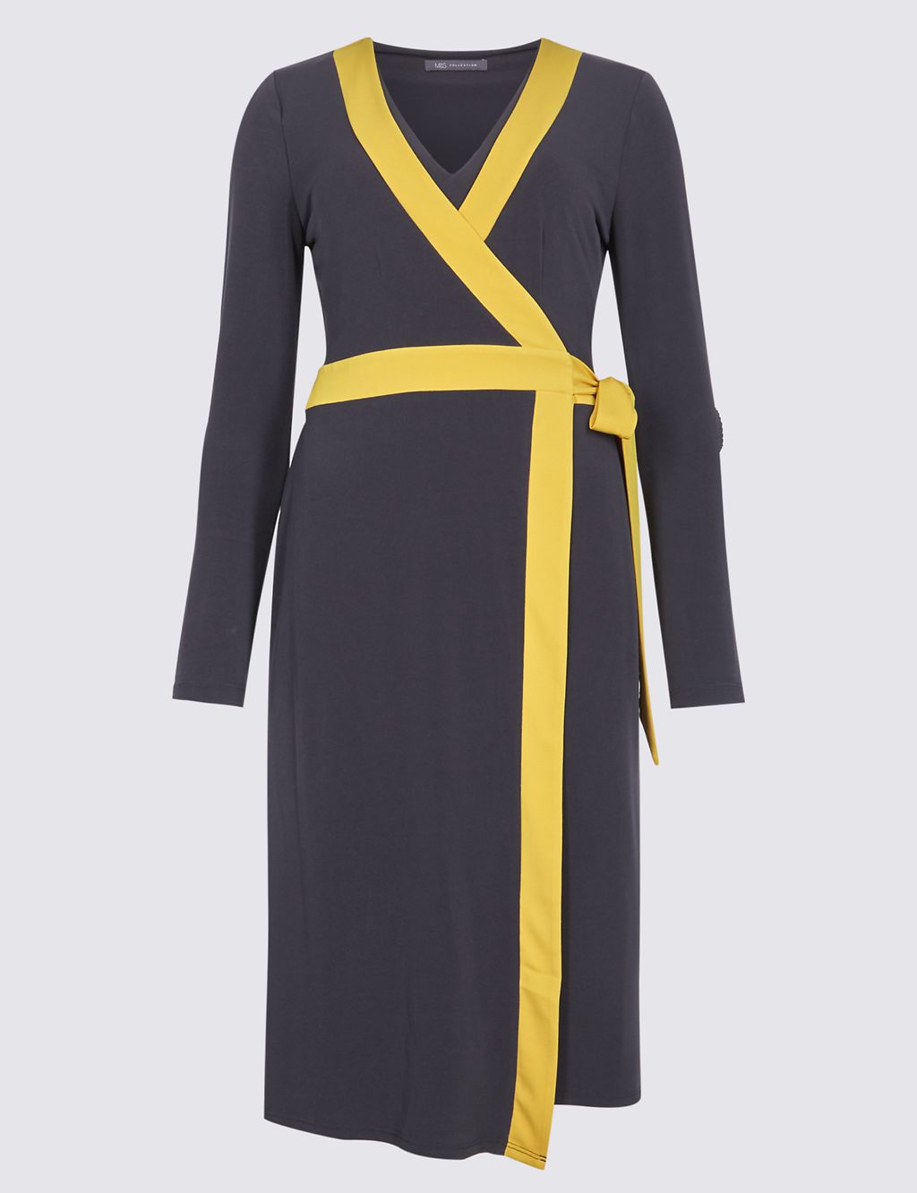 Contrast Trim Long Sleeve Wrap Midi Dress 1 of 5