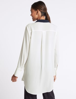 White Contrast Trim Longline Blouse