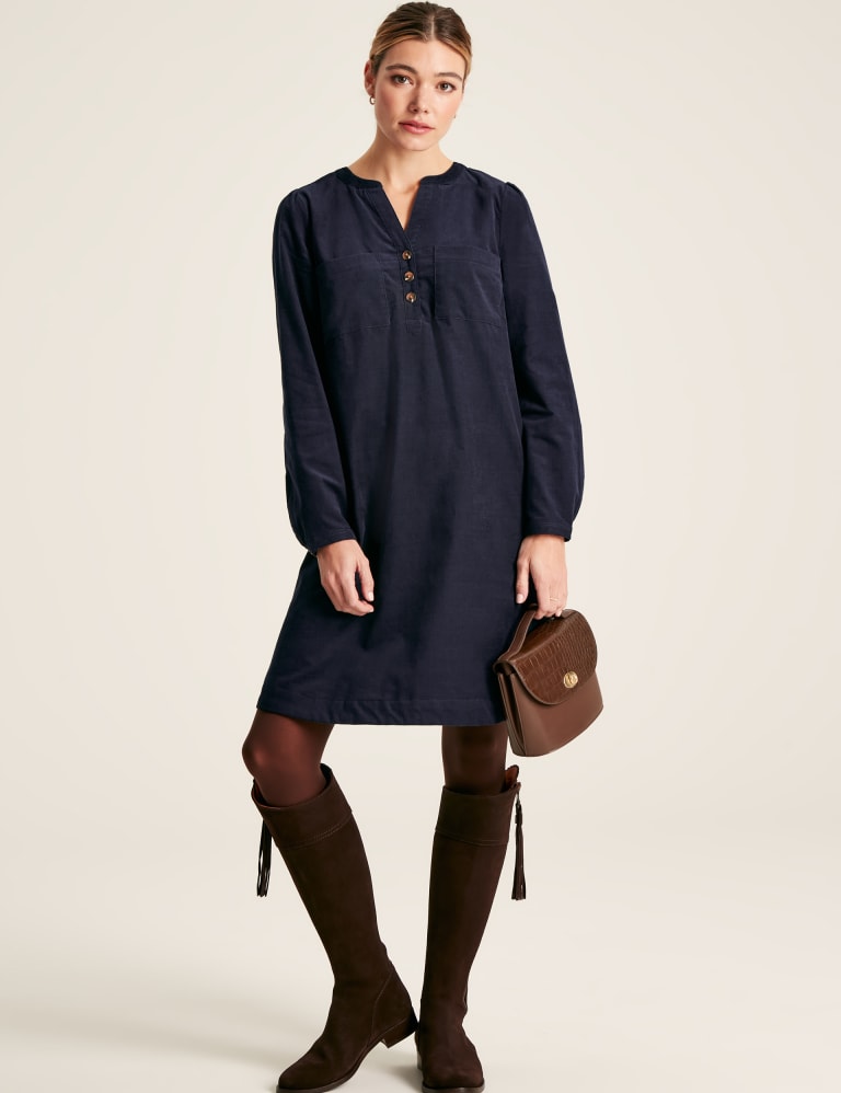 Cord Notch Neck Knee Length Shift Dress