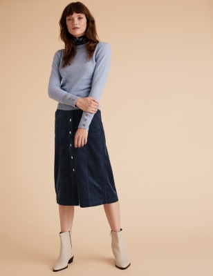 red corduroy button down skirt