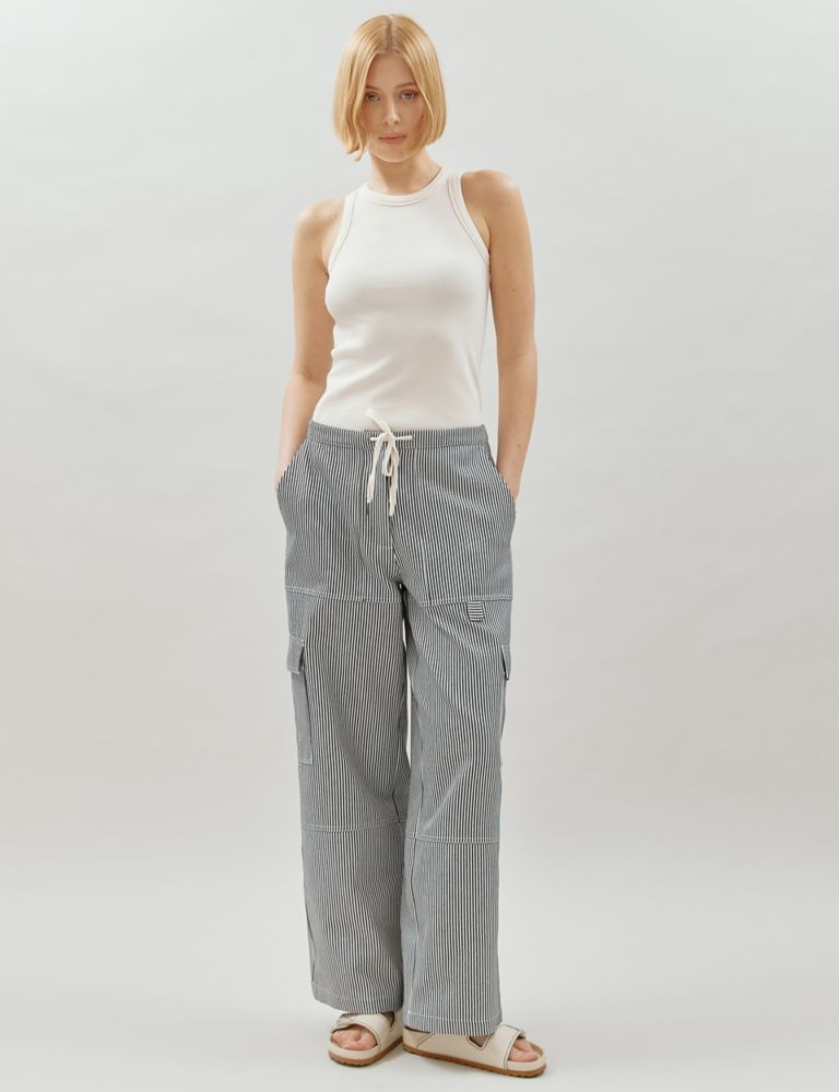Cotton Blend Cargo Striped Trousers 1 of 4