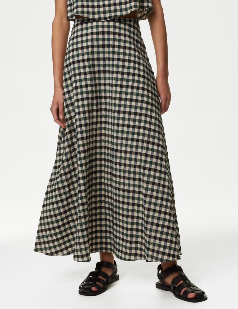 Cotton Blend Checked Maxi Column Skirt 3 of 5