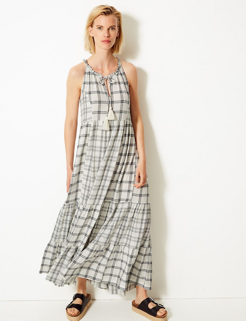 Cotton Blend Checked Relaxed Maxi Dress 3 of 4