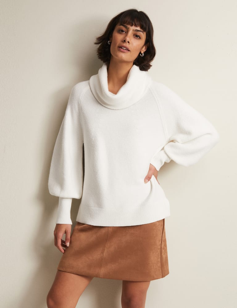 Cotton Blend Cowl Neck Blouson Sleeve Jumper