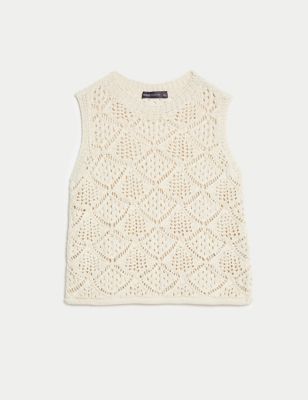 Cotton Blend Crew Neck Knitted Vest Image 2 of 9