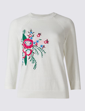 Cotton Blend Embroidered Round Neck Jumper Image 2 of 5