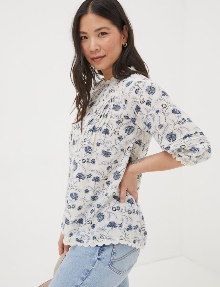 Buy Cotton Blend Floral Broderie High Neck Blouse | FatFace | M&S