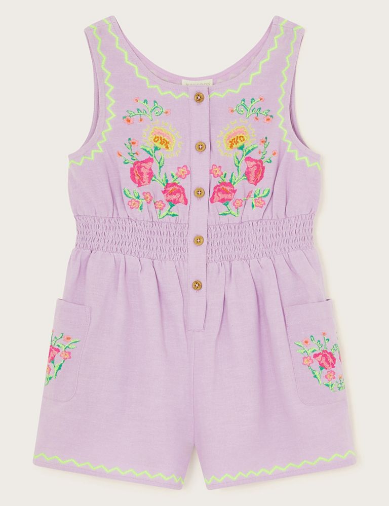 Cotton Blend Floral Embroidered Playsuit (2-13 Yrs) 1 of 3