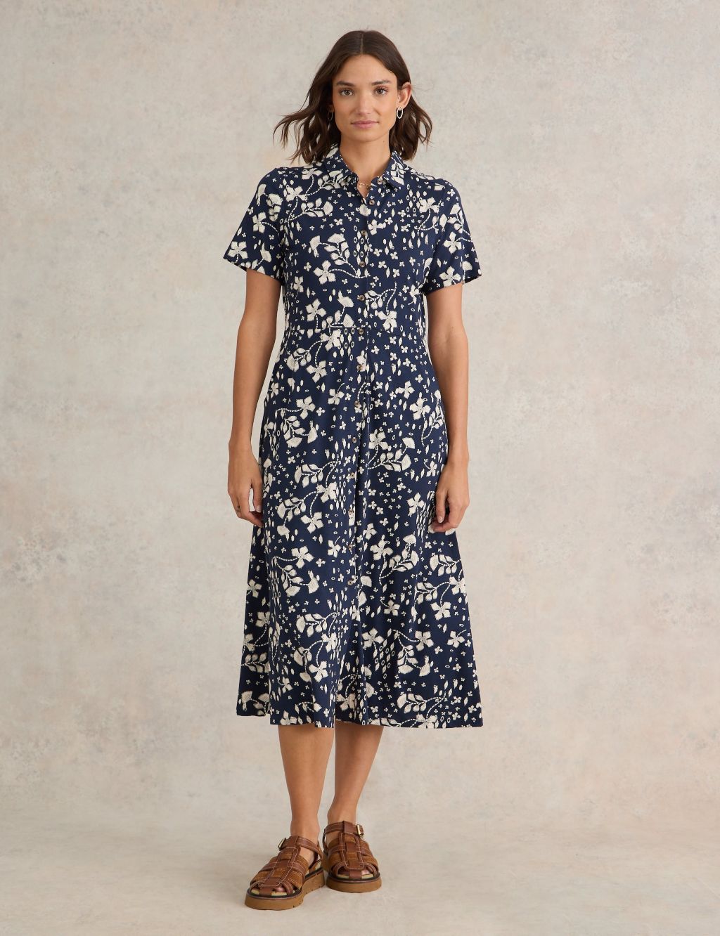 Cotton Blend Jersey Floral Midi Shirt Dress 3 of 6