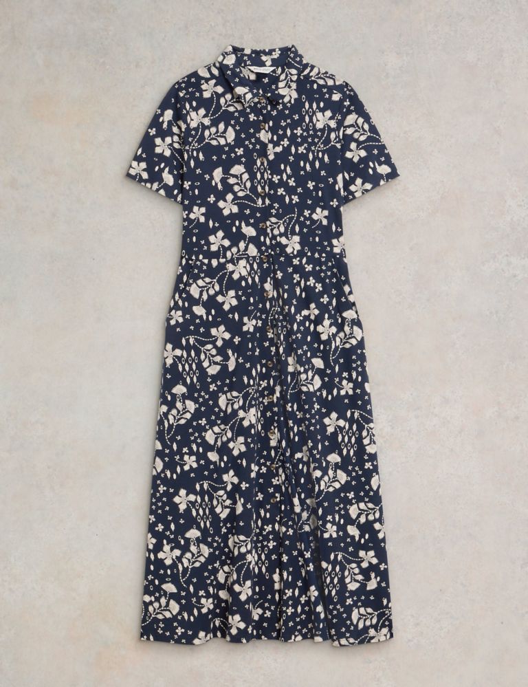 Cotton Blend Jersey Floral Midi Shirt Dress 2 of 6