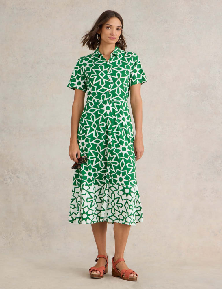 Cotton Blend Jersey Printed Midi Shirt Dress 1 of 7