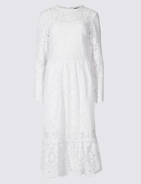 Cotton Blend Lace Detail Swing Midi Dress Image 2 of 5