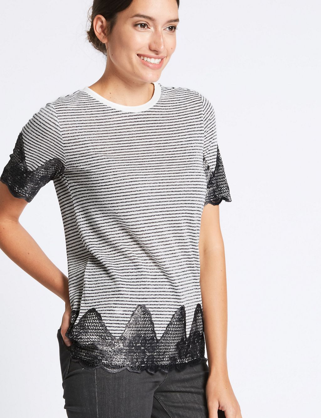 Cotton Blend Metallic Stripe Lace T-Shirt 2 of 4