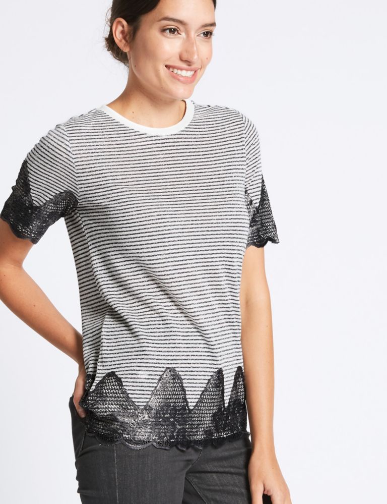Cotton Blend Metallic Stripe Lace T-Shirt 3 of 4