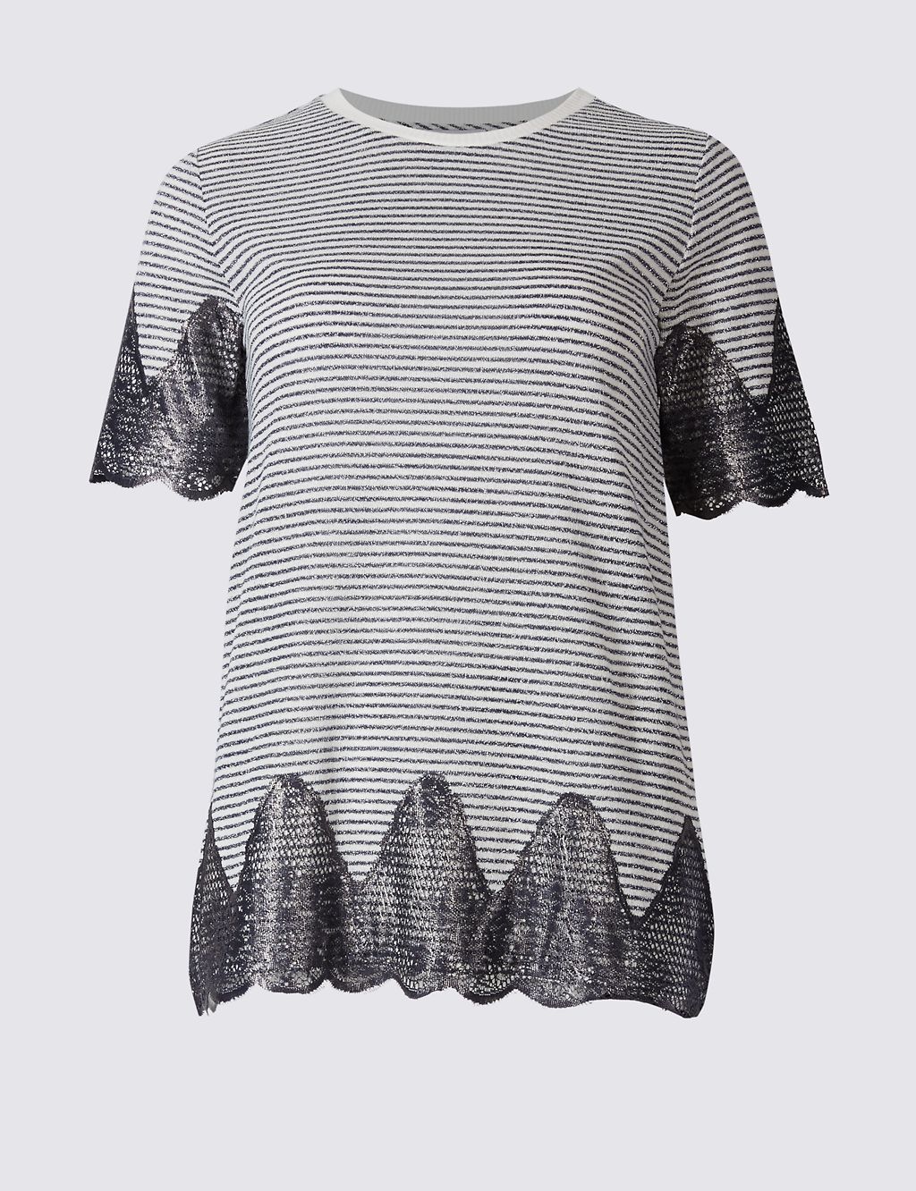 Cotton Blend Metallic Stripe Lace T-Shirt 1 of 4