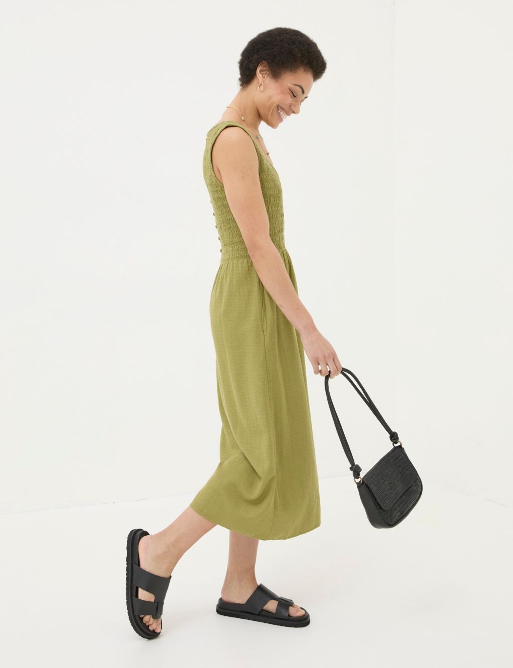 Cotton Blend Midi Waisted Dress with Linen 3 of 5