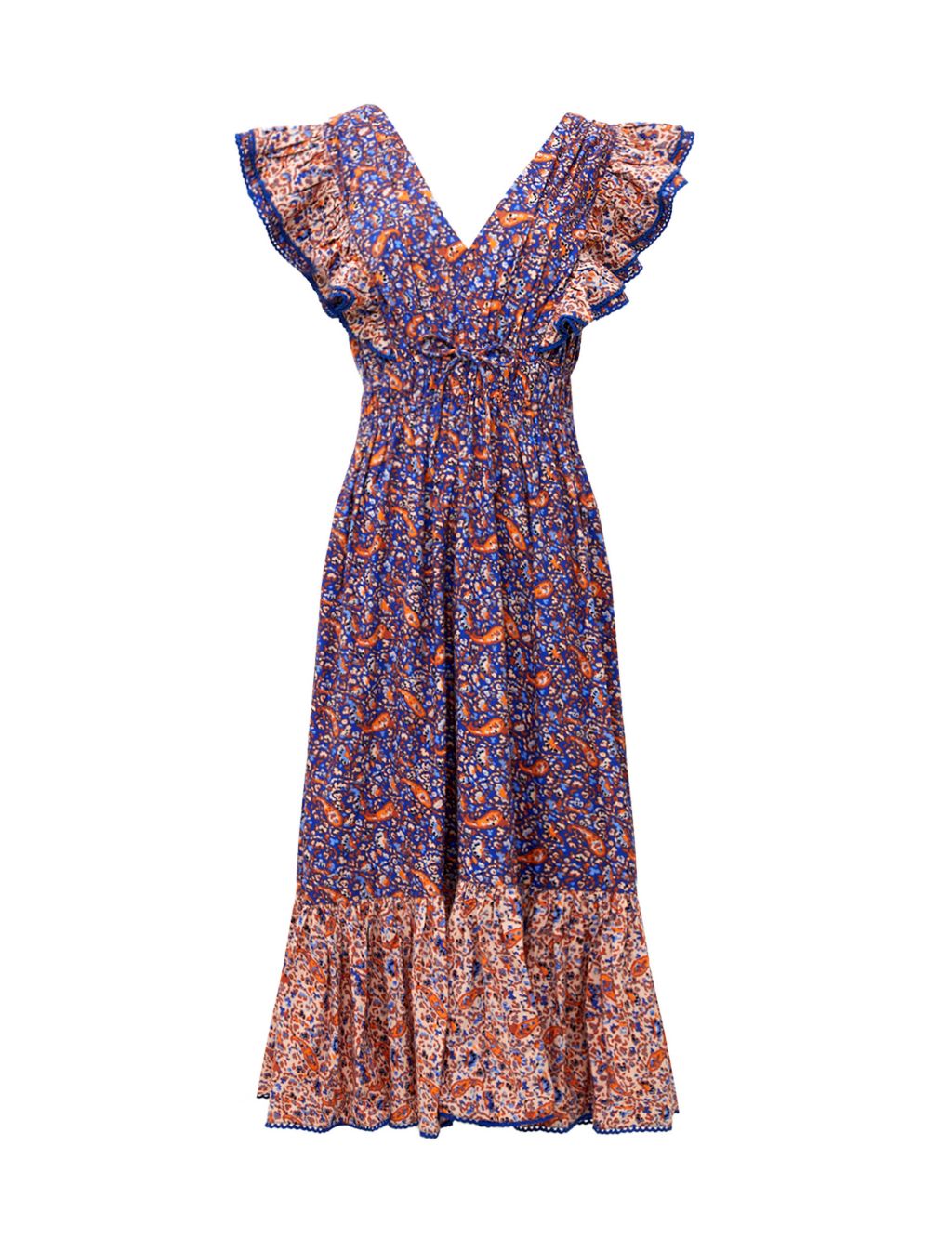 Cotton Blend Paisley V-Neck Midi Tiered Dress 1 of 5