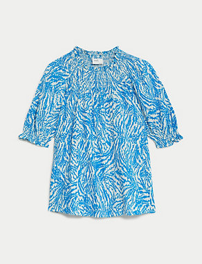 Cotton Blend Printed Smocked Blouse Image 2 of 5