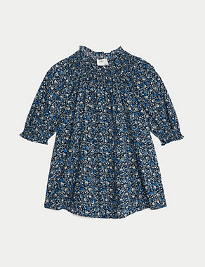 Cotton Blend Printed Smocked Blouse Image 2 of 6
