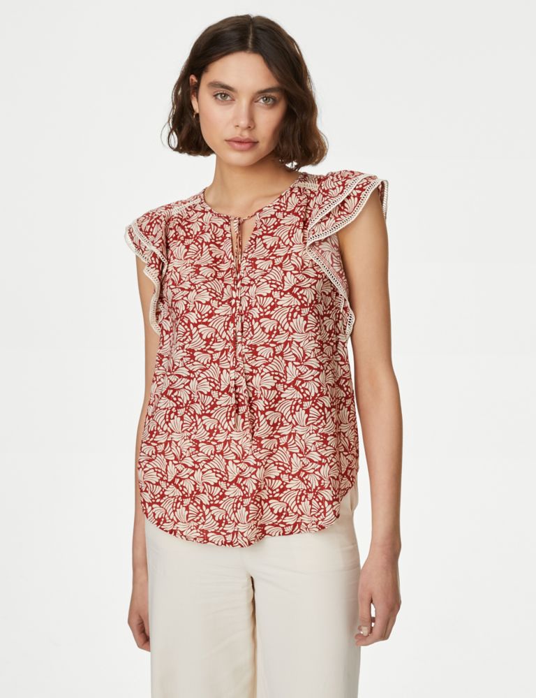 Cotton Blend Printed Tie Neck Blouse 3 of 5