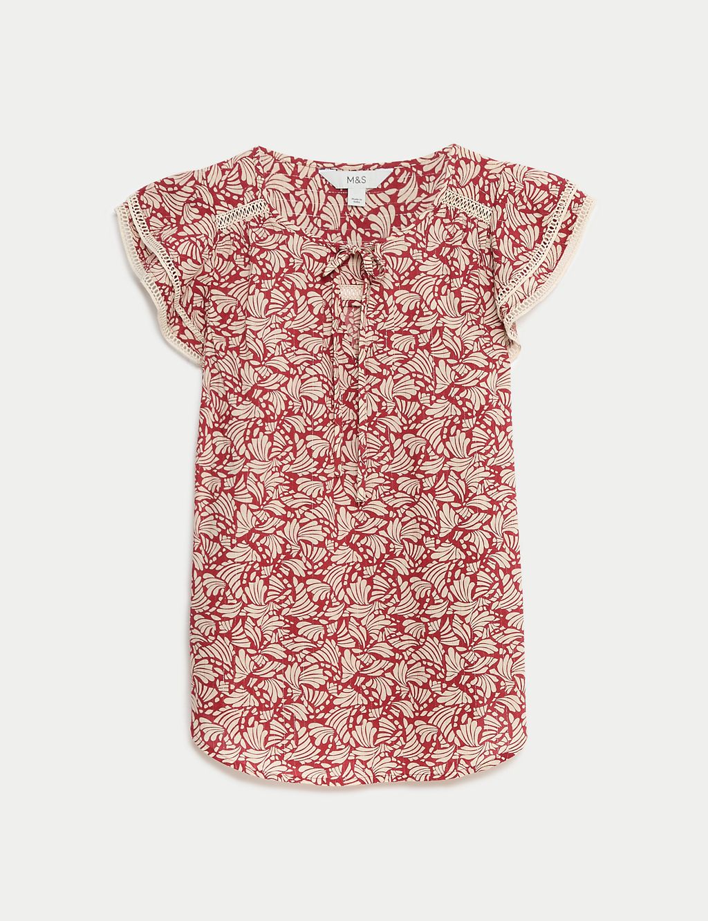 Cotton Blend Printed Tie Neck Blouse 1 of 5